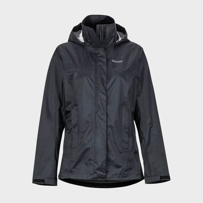 The black jacket stands upright with hood up, displayed against a light gray background. 