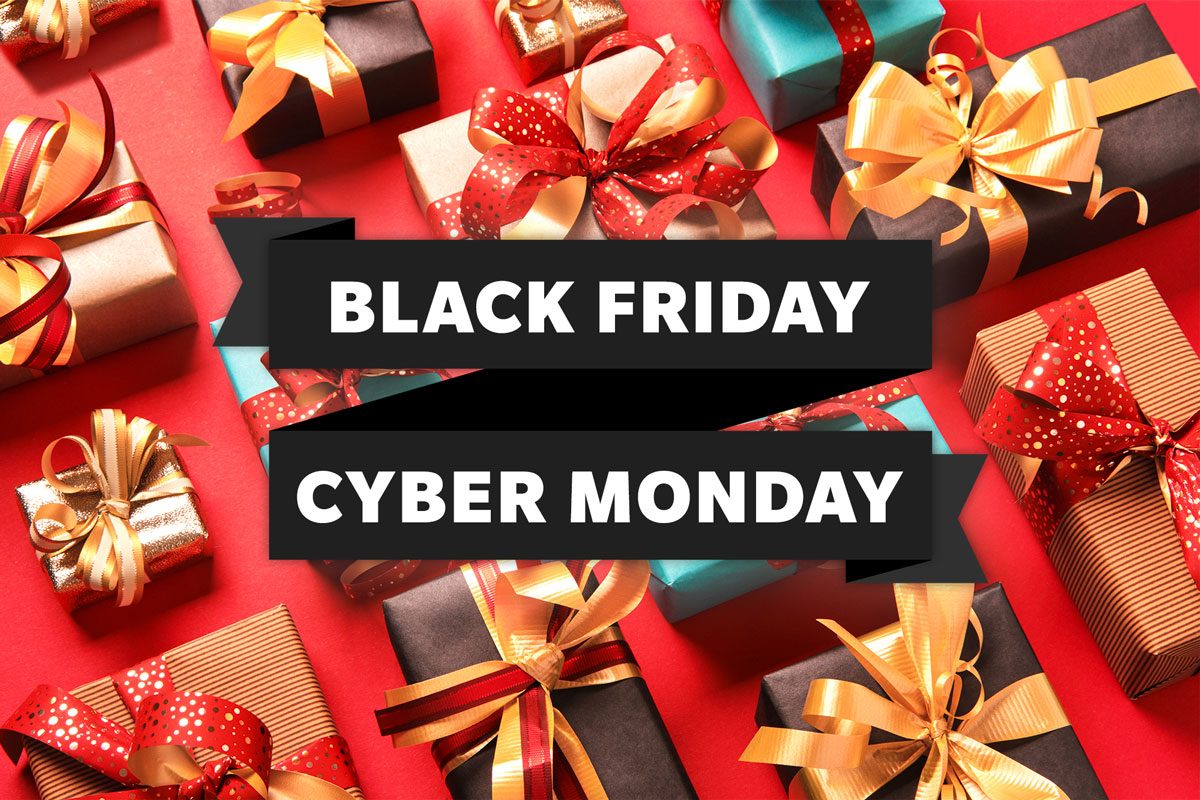 Gifts sit colorfully wrapped with ribbons against a red backdrop, featuring bold text: "BLACK FRIDAY CYBER MONDAY".