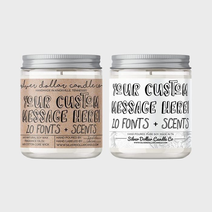 Two candle jars display customizable labels in various fonts with options for text and scents, emphasizing personalization.