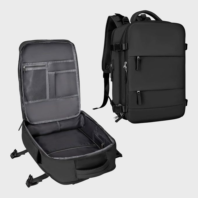 Backpack open and closed, showing compartments and zippers; black, sleek design suitable for travel or commuting; set against a plain white background.