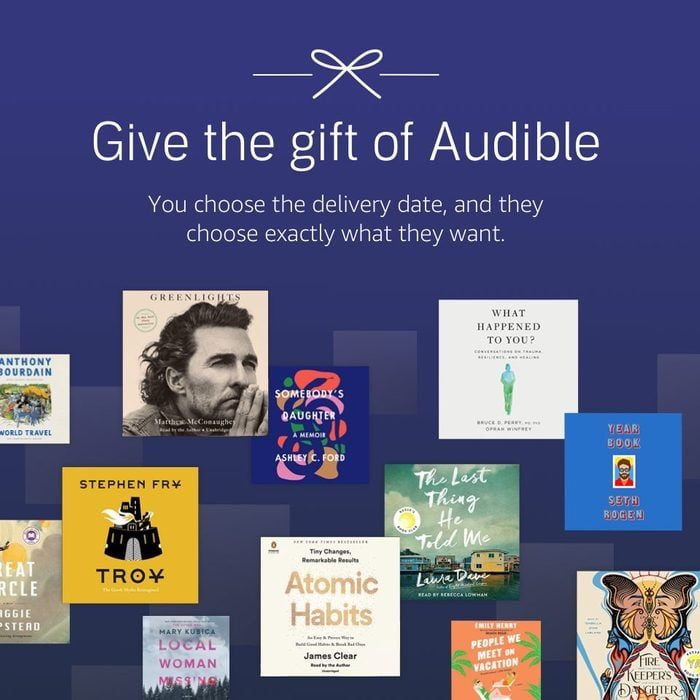 Text promotes Audible gifts, showcasing various audiobook covers in a digital collage against a blue background, emphasizing personalized delivery options.