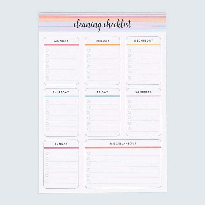 Checklist organizes daily tasks with eight sections, including each weekday and a miscellaneous category, on a colorful pastel-lined background.