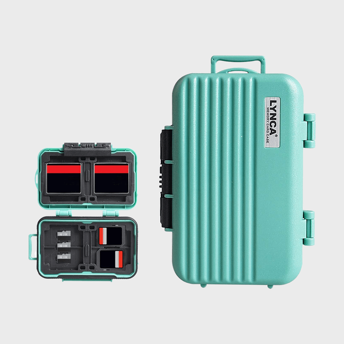 Aqua storage case opens to reveal compartments holding SD cards and memory accessories; labeled 