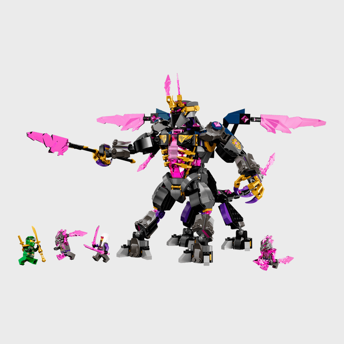 Robot holds pink weapons with wings extended, surrounded by mini figures in battle stances on a plain background.