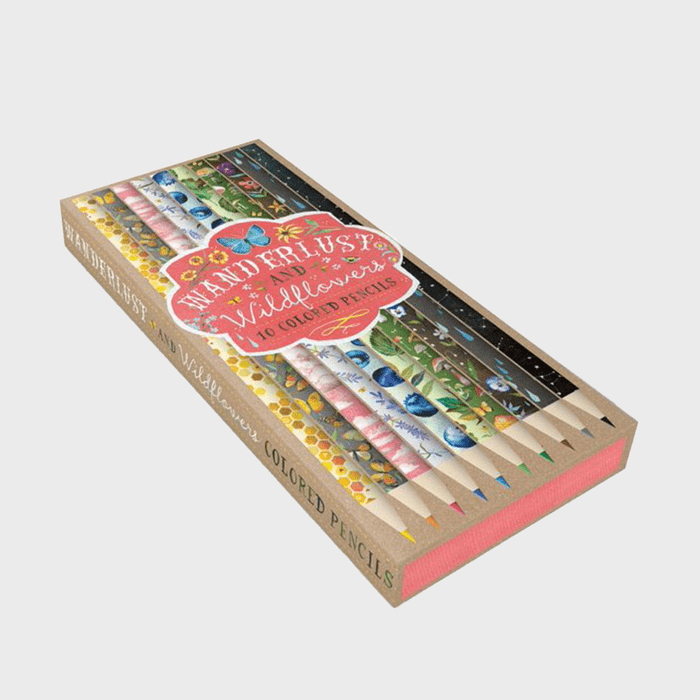 Box of 10 colored pencils decorated with floral-themed designs, labeled 