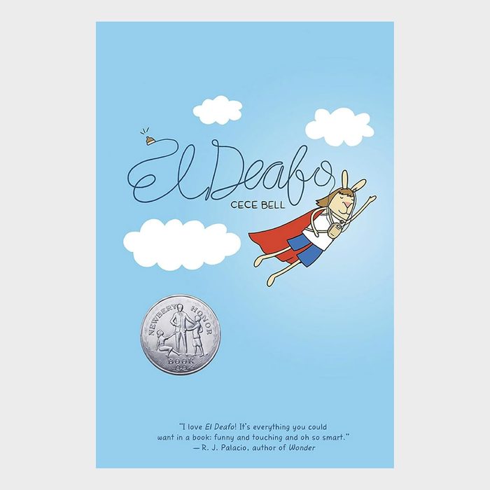 A cartoon rabbit superhero flies among clouds, wearing a red cape. The background is blue. Text reads 