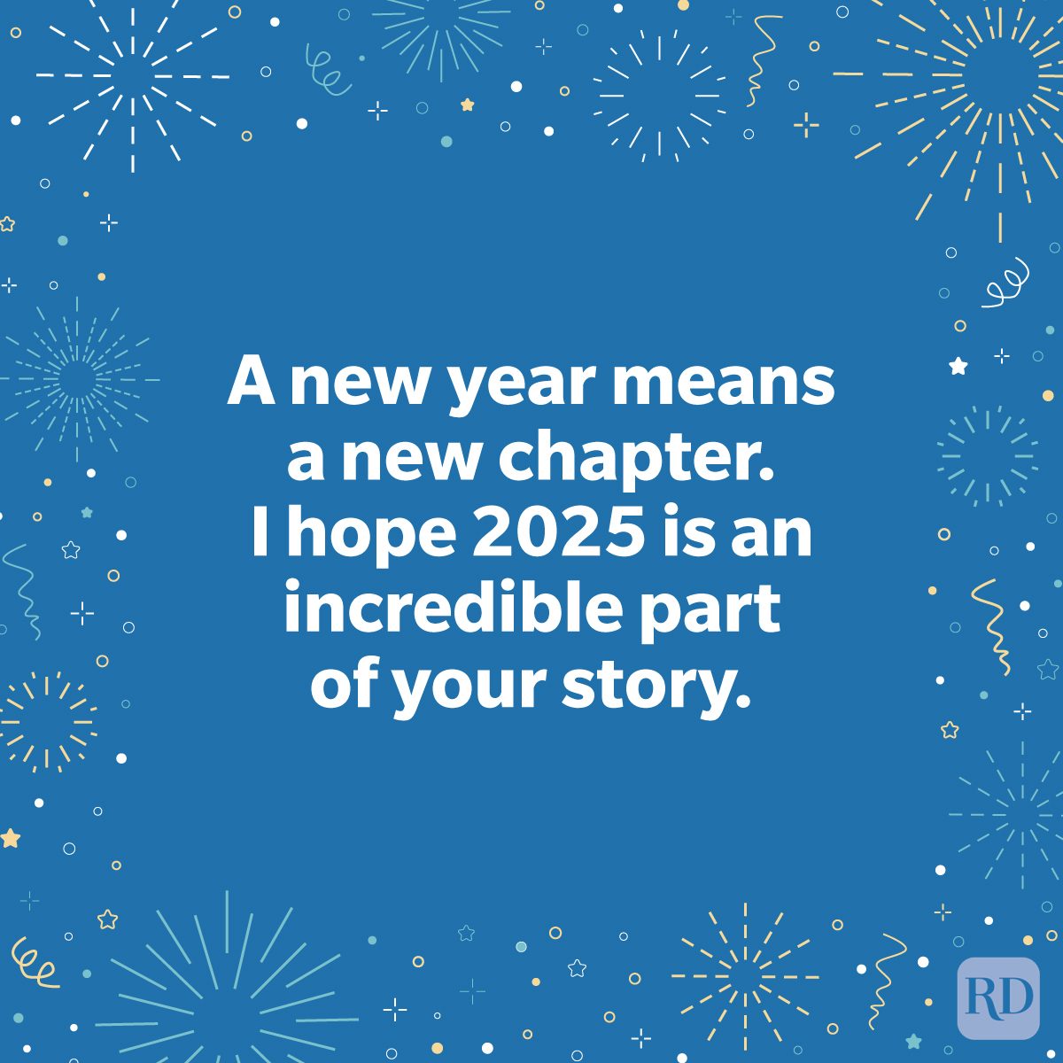 Happy New Year Wishes 2025 with an illustrated background of fireworks and confetti on solid blue color