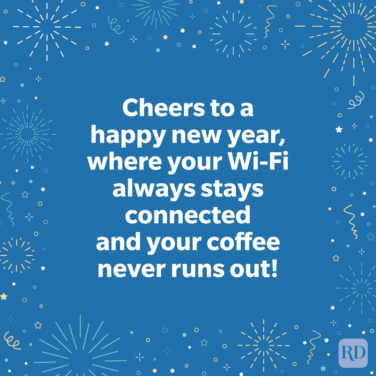 Happy New Year Wishes 2025 with an illustrated background of fireworks and confetti on solid blue color