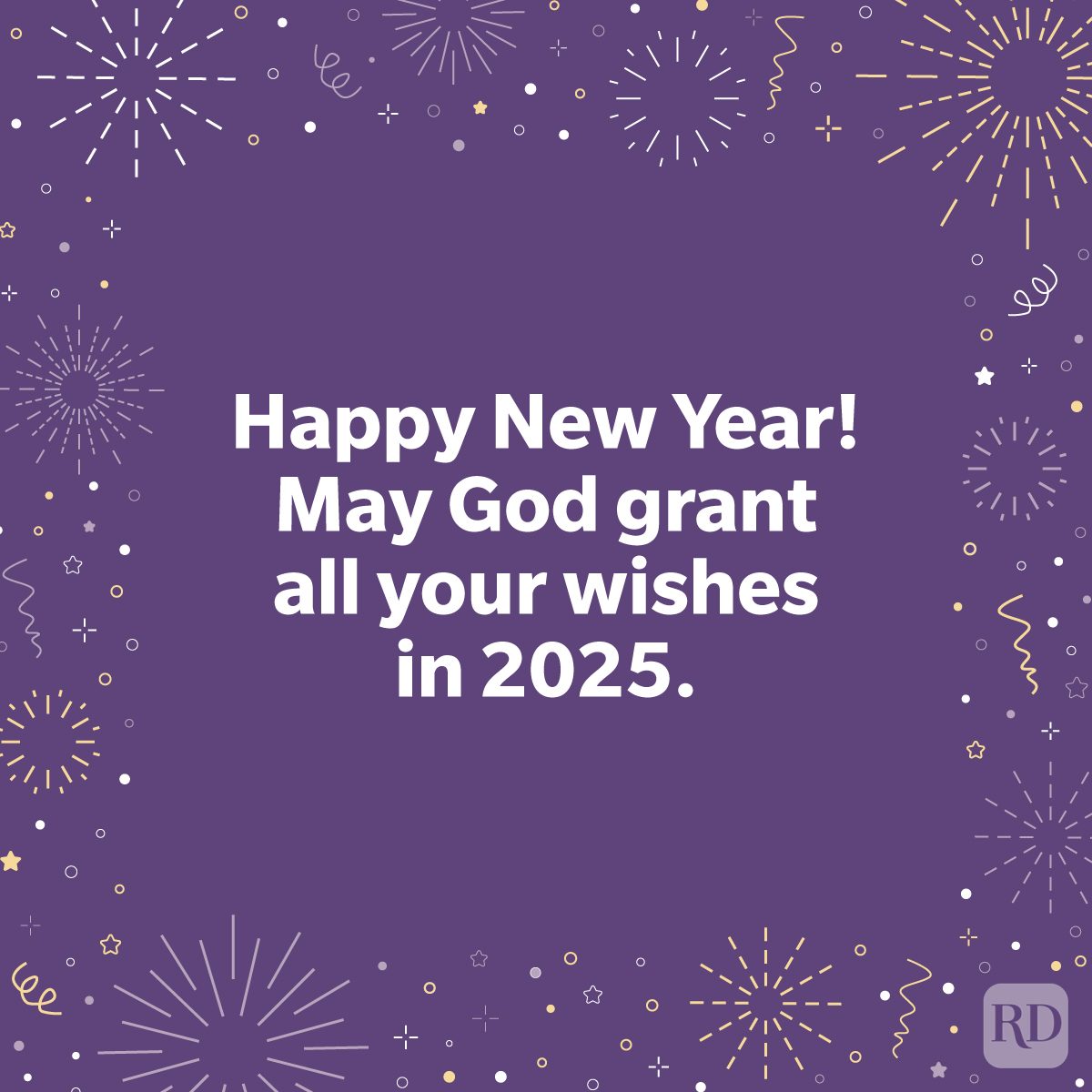 Happy New Year Wishes 2025 with an illustrated background of fireworks and confetti on solid purple color