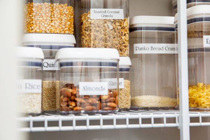 close up of containers in a pantry with matching labels