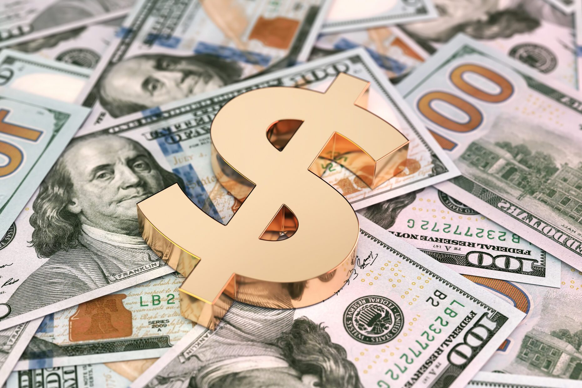 Stack of $100 Banknotes & Dollar Sign, Depth Of Field