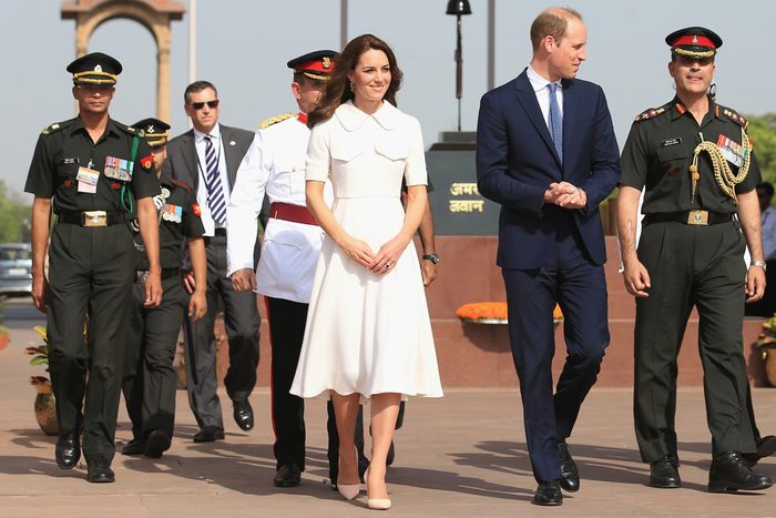 Catherine, Duchess of Cambridge and Prince William, Duke of Cambridge lay a wreath to honour the soldiers from Indian regiments who served in World War I, at India Gate, during the royal visit to India and Bhutan