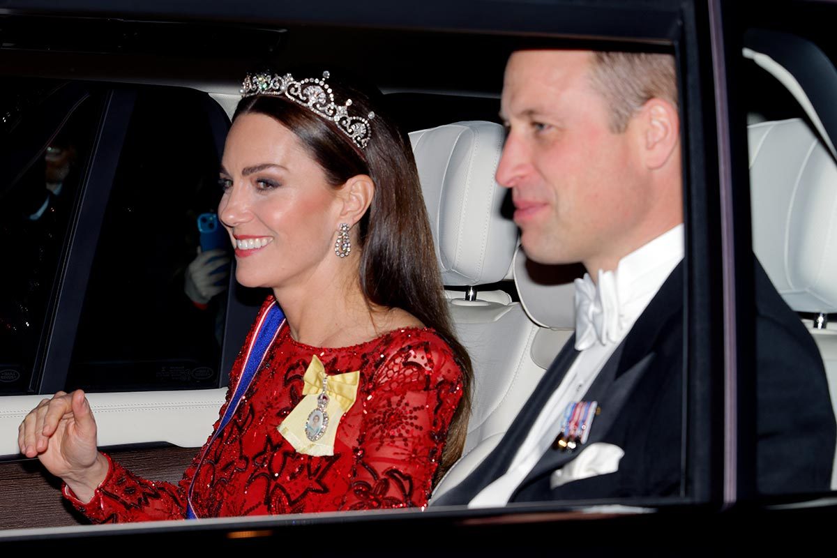 Catherine, Princess of Wales and Prince William, Prince of Wales depart after attending the annual Reception for Members of the Diplomatic Corps at Buckingham Palace